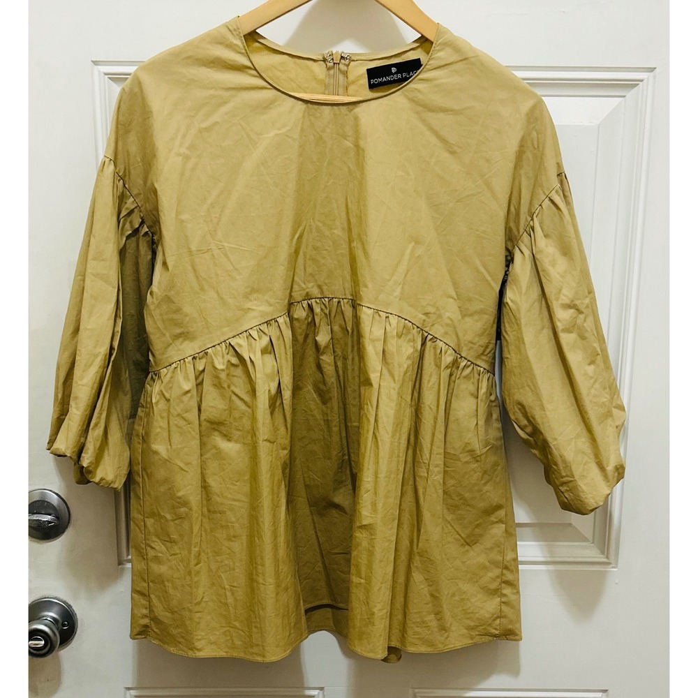 Pomander Place Tuckernuck Womens XS Mustard‎ Tan Puff Sleeve Babydoll Blouse Top